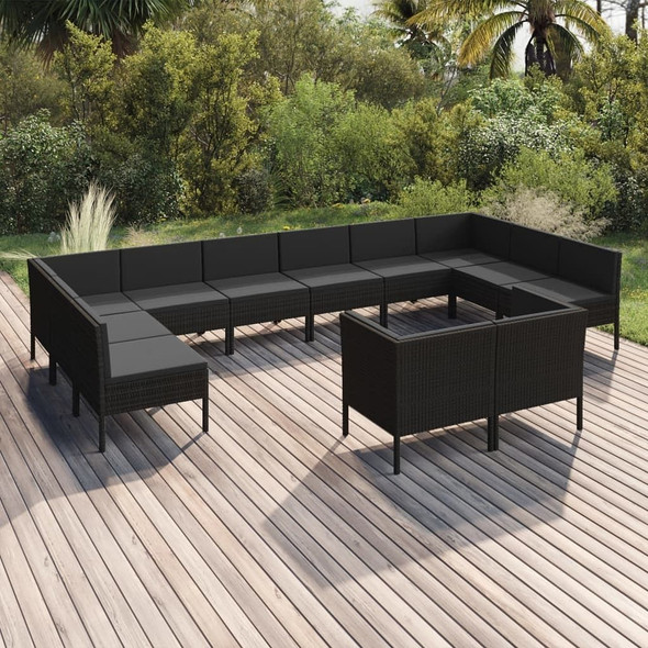 vidaXL 12 Piece Patio Lounge Set with Cushions Poly Rattan Black A949-3094625