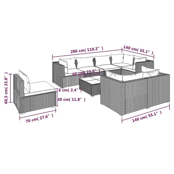 vidaXL 9 Piece Patio Lounge Set with Cushions Poly Rattan Brown A949-3102619