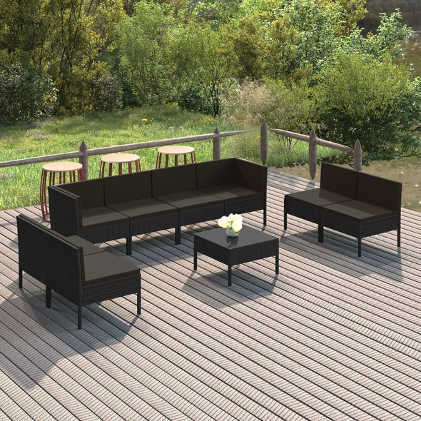 vidaXL 9 Piece Patio Lounge Set with Cushions Poly Rattan Black A949-3094361