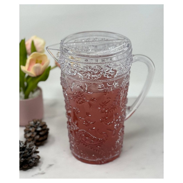 2.5 Quarts Water Pitcher with Lid, Paisley Unbreakable Plastic Pitcher, Drink Pitcher, Juice Pitche