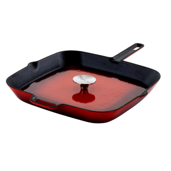 MegaChef 11 Inch Square Enamel Cast Iron Grill Pan with Matching Grill Press in Red with Press