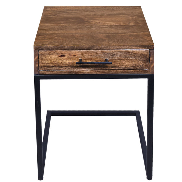 Mango Wood Side Table with Drawer and Cantilever Iron Base, Brown and Black