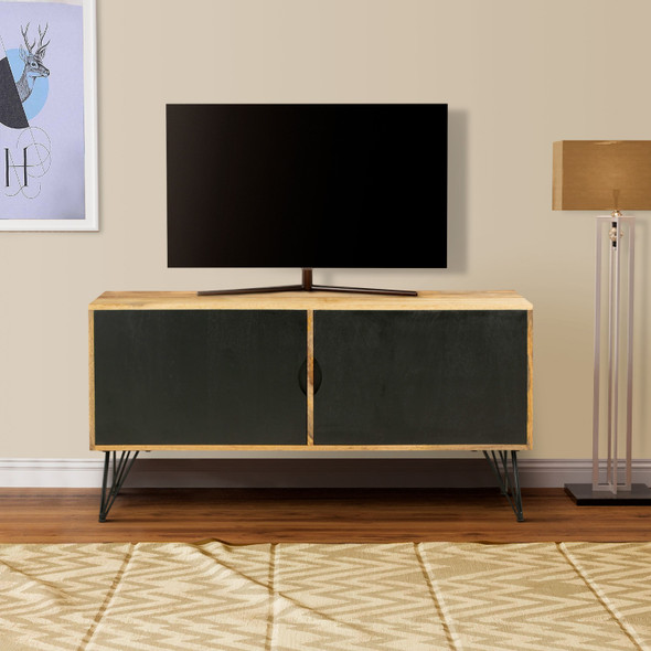 TV Entertainment Unit with 2 Doors and Wooden Frame, Oak Brown and Black