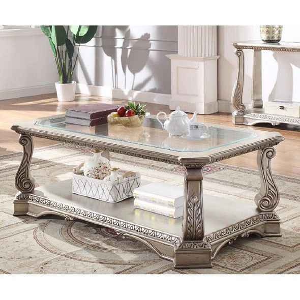 ACME Northville Coffee Table in Antique Silver & Clear Glass 86930