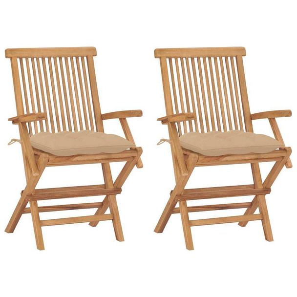 vidaXL Patio Chairs with Beige Cushions 2 pcs Solid Teak Wood