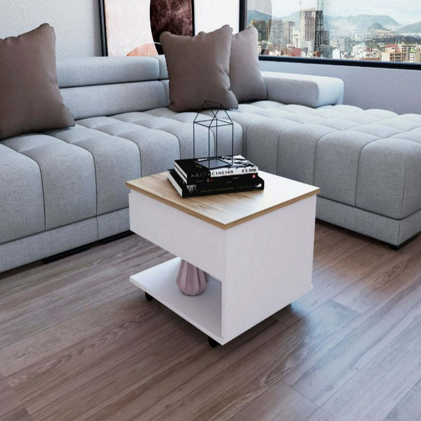 Lift Top Coffee Table Mercuri, Casters, White / Light Oak Finish