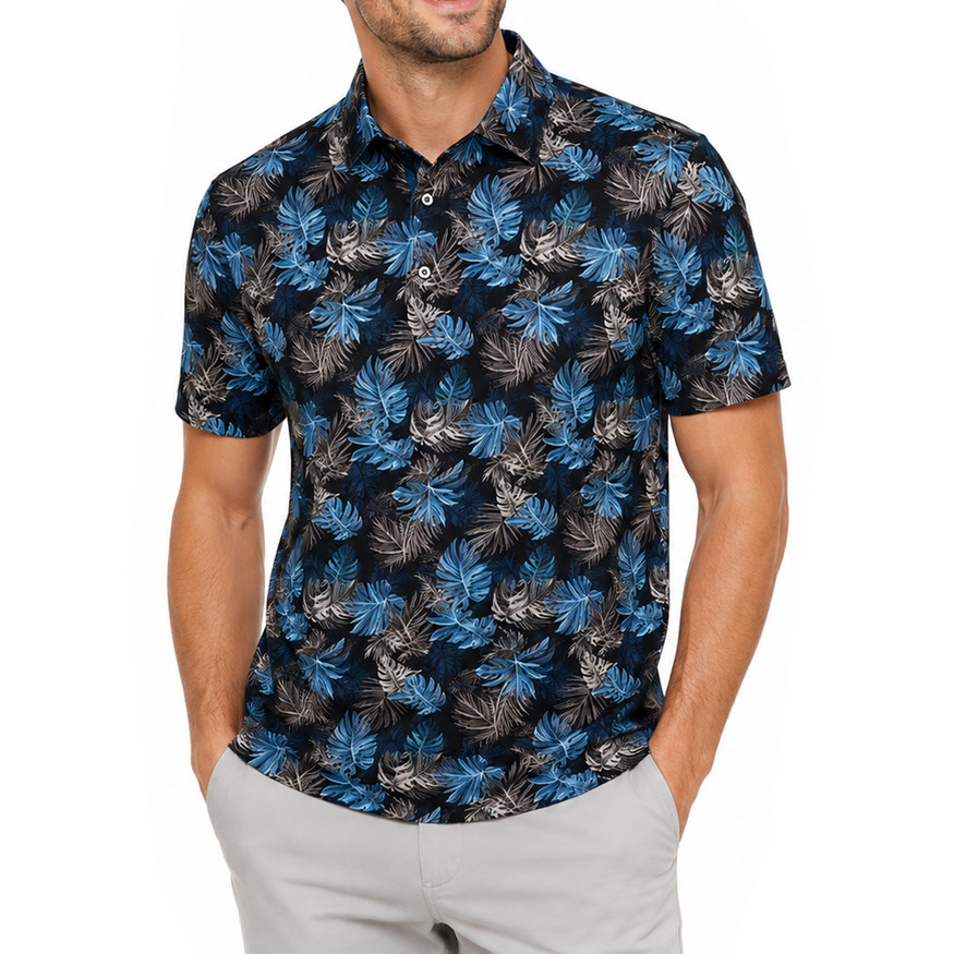 Greg Norman Men's ML75 Stretch Mesh Midnight Monstera Polo Golf