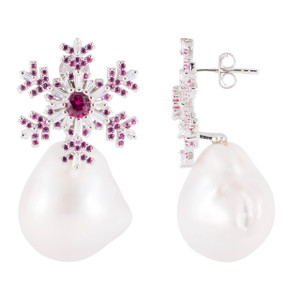 925 Sterling Silver with White Gold Overlay / Pink Ruby / Baroque Pearls / Zircon