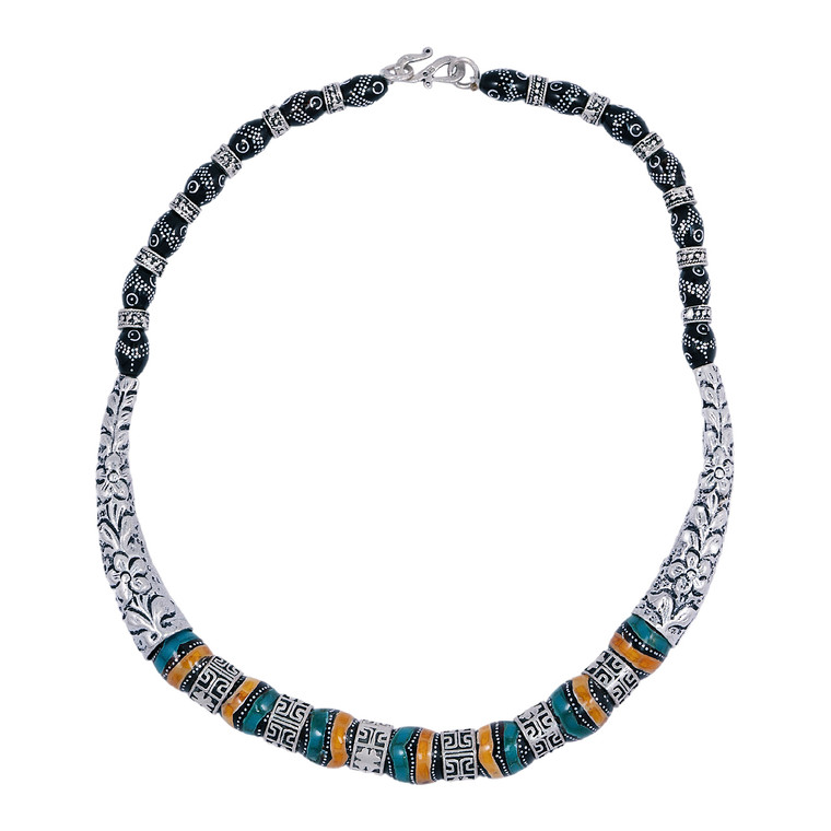 925 Sterling Silver / Engraved Silver Pieces / Ebony Wood Inlaid with Turquoise and Amber