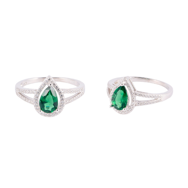 925 Sterling Silver with White Gold Overlay / Teardrop Cut Emerald / Zircon