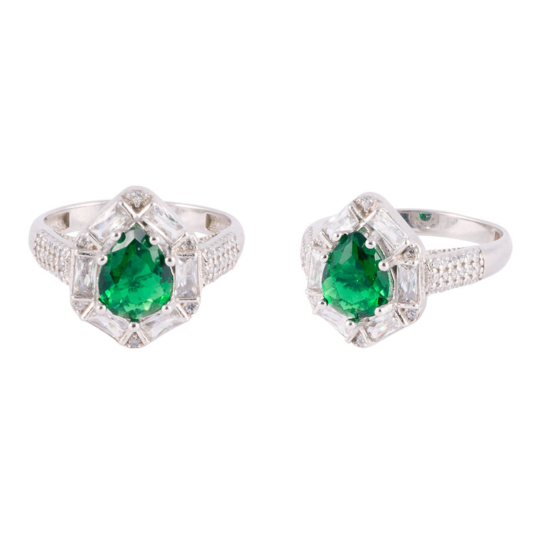 925 Sterling Silver with White Gold Overlay /  Emerald / Zircon