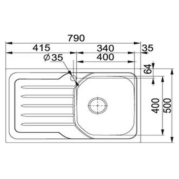 Chiuvetă inox de blat, 1 cuvă cu picurător, orientare cuvă dreapta, 790 x 500 mm, Argintiu