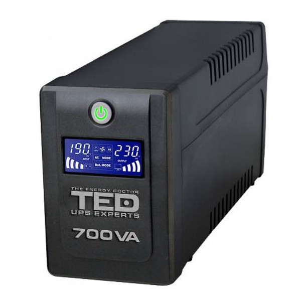 Sursă UPS 700VA / 400W, Display Line Interactive, cu stabilizator și 2 ieșiri schuko, TED UPS EXPERT