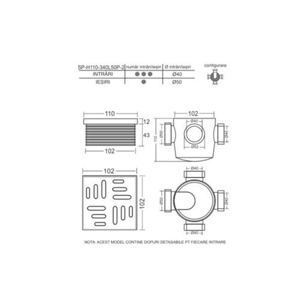 Sifon pardoseală H110 mm, 3 intrări Ø40 mm, ieșire laterală ∅50 mm,  înălțător 110 x 110 mm