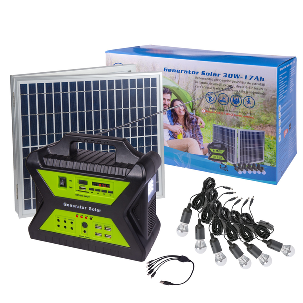 Kit panou fotovoltaic 30 W cu generator 17AH + Accesorii