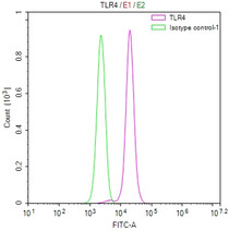 Overlay Peak curve showing Hela cells stained with RAC08021 (red line) at 1:100. The cells were fixed in 4% formaldehyde and permeated by 0.2% TritonX-100. Then 10% normal goat serum to block non-specific protein-protein interactions followed by the antibody (1ug/1*10 6 cells) for 45min at 4℃. The secondary antibody used was FITC-conjugated Goat Anti-human IgG(H+L) at 1:200 dilution for 35min at 4℃.Control antibody (green line) was human IgG (1ug/1*10 6 cells) used under the same conditions. Acquisition of >10,000 events was performed.