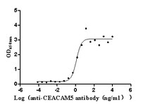 The Binding Activity of Human CEACAM5 with Anti-CEACAM5 Recombinant Antibody. Activity: Measured by its binding ability in a functional ELISA. Immobilized Human CEACAM5 at 2μg/mL can bind Anti-CEACAM5 recombinant antibody, the EC50 is 0.8955-1.719 ng/mL.