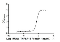 The Binding Activity of Biotinylated Macaca mulatta TNFSF15 with Anti-TNFSF15 recombinant antibody. Activity: Measured by its binding ability in a functional ELISA. Immobilized Anti-TNFSF15 recombinant antibody at 2 μg/mL can bind Biotinylated Macaca mulatta TNFSF15. The EC50 is 0.2589-0.3025 ng/mL.