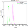 Overlay Peak curve showing THP-1 cells stained with CAC12761 (red line) at 1:100. Then 10% normal goat serum was Incubated to block non-specific protein-protein interactions followed by the antibody (1ug/1*106cells) for 45 min at 4°C. The secondary antibody used was FITC-conjugated Goat Anti-Mouse IgG(H+L) at 1/200 dilution for 35 min at 4°C. Isotype control antibody (green line) was mouse IgG1 (1ug/1*106cells) used under the same conditions. Acquisition of >10,000 events was performed.