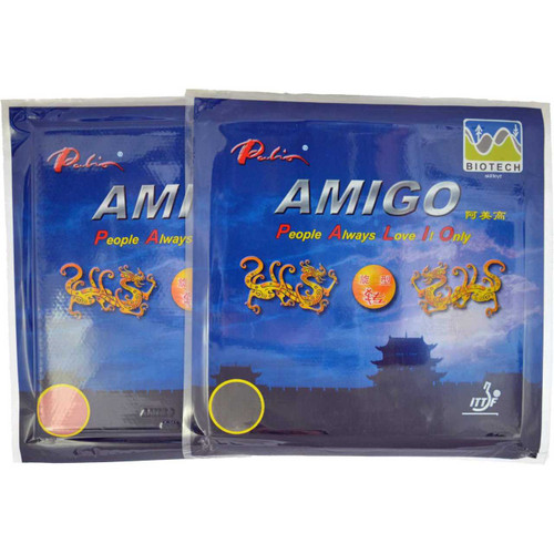 Two Palio Amigo Biotech Table Tennis Bat Rubbers 40-42, one red one black. Front of packaging.