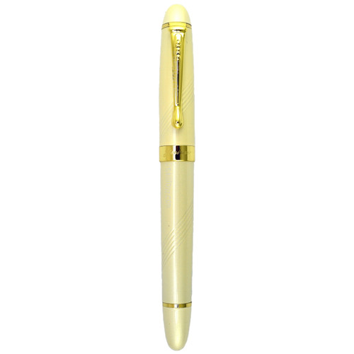 Jinhao FP-x450 Fountain light cream colour with a twist to the body and cap. With a medium nib and gold plated fixtures. Supplied with a free pack of 5 Jinhao ink cartridges!