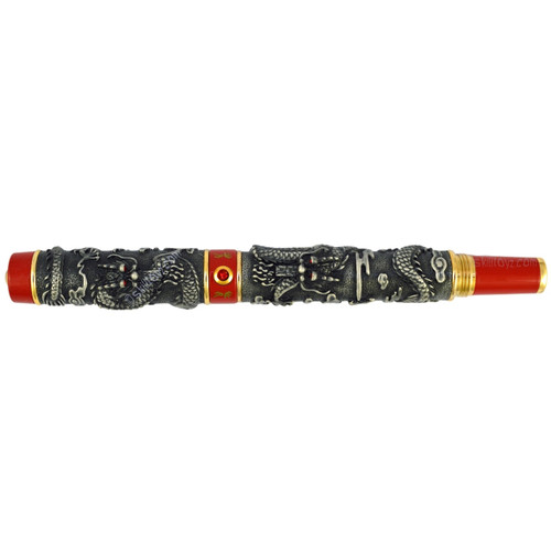 Jinhao Dragon Series Antique Silver and red Fountain Pen with a iridium medium 18KGP nib and free ink cartridges. A stunning deluxe heavyweight pen.