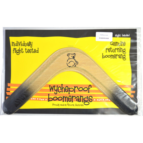 The boomerang by Wycheproof shown in its packaging. Wood is a natural material: appearance will vary.
