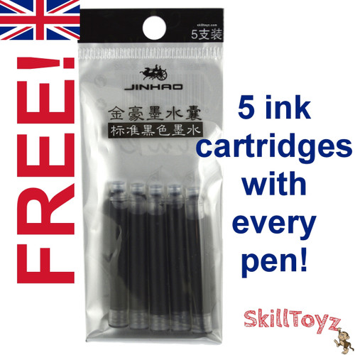 A free pack of 5 Jinhao international size black ink cartridges are included with this pen