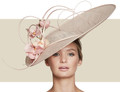 Elegant oyster and blush statement race day hat for Pebble Beach Concours - this is the designer's image
