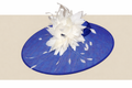 Elegant royal blue statement hat with dramatic white feather spray