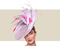 Elegant lilac and pink Derby and Oaks fascinator hat with layered feather detail