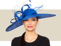 Cobalt blue wide brim Kentucky Derby hat with sinamay loops and feather detail