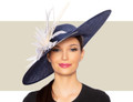 Navy blue and ivory wide brim Kentucky Derby hat with striking feather detail