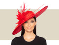 Red wide brim Kentucky Derby hat with striking feather detail
