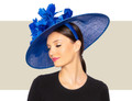 Cobalt blue statement Derby hat with sinamay base and feather flowers