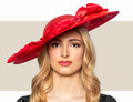 Red wide brim hat with orchid trim by Rebecca Couture
