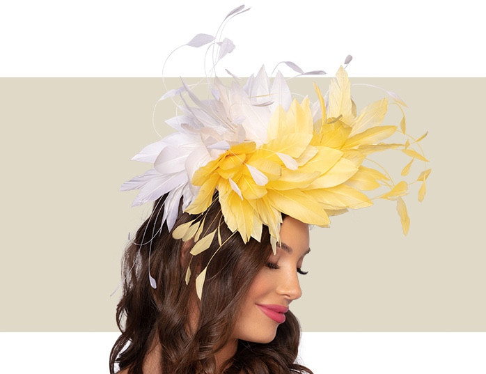 Fascinator yellow feathers, cream and rust flowers Clip On Yellow Fascinator with Loops & Feather Flower main image 4