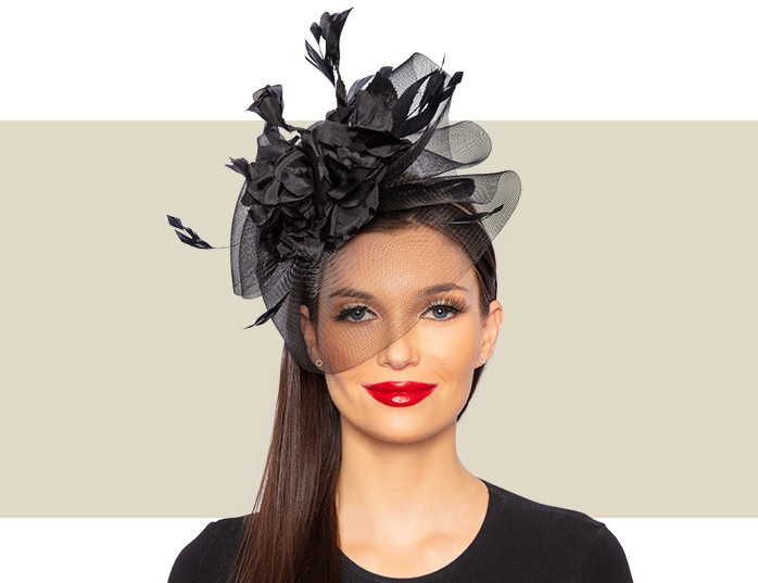 FASCINATOR WITH VEIL Black Gold Coast Couture - Main Image