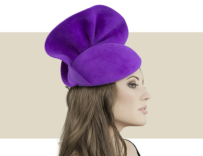 Gina Foster Imperial Purple Fur Belt Beret with Felt Fan Trim