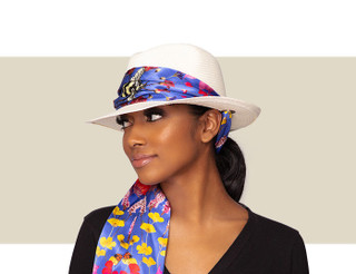 PANAMA HAT - Natural with Blue Silk Scarf - Gold Coast Couture