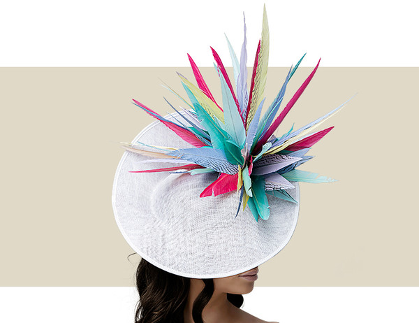 Bright feather fascinator hat for Kentucky Derby and Ascot