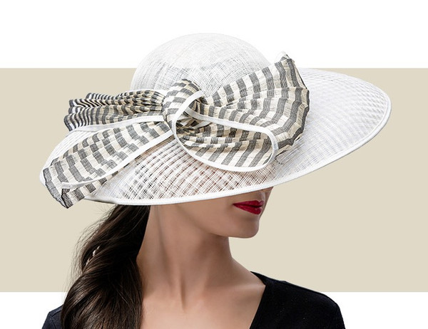 Wide-brim hat for wedding guest in ivory and black