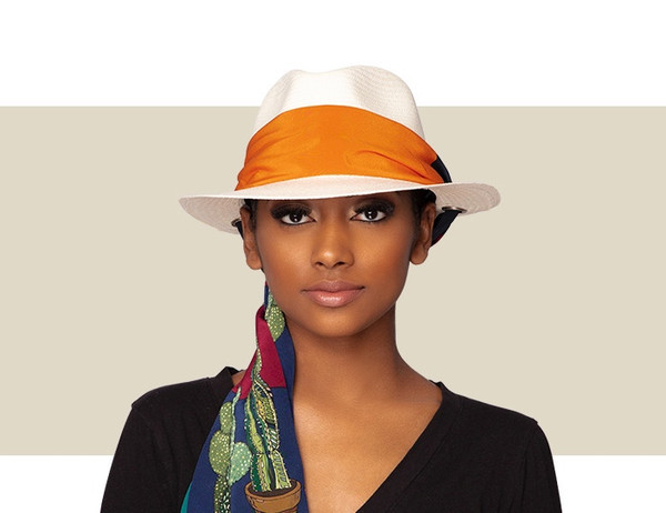 PANAMA HAT - Natural with Blue Silk Scarf - Gold Coast Couture
