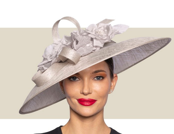 Wide-brim silver sinamay fascinator hat
