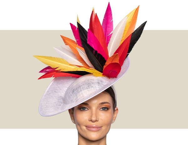 White and multicolor feather Kentucky Derby hat by J Bee's Millinery