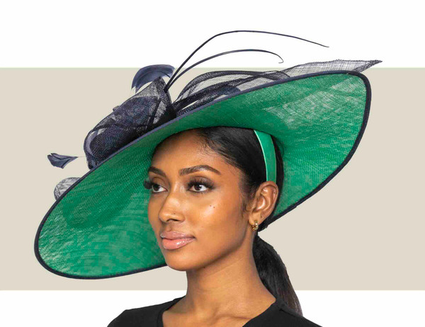 Bold green and navy blue Kentucky Derby hat by Nigel Rayment with elegant dramatic sweeping brim