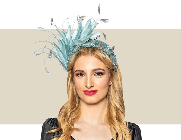 Blue bridal headband with feather accents for wedding or shower