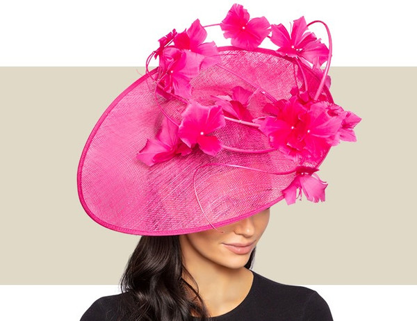 Hot pink Kentucky Oaks fascinator hat with sinamay disc base