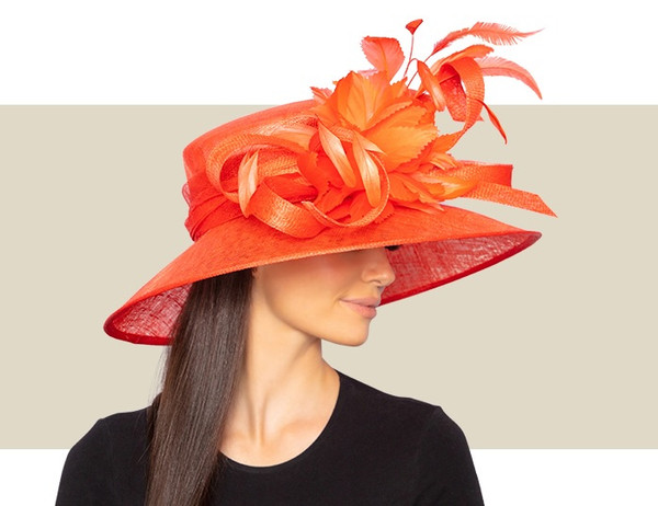 Wide-brim orange Derby hat with feather detail