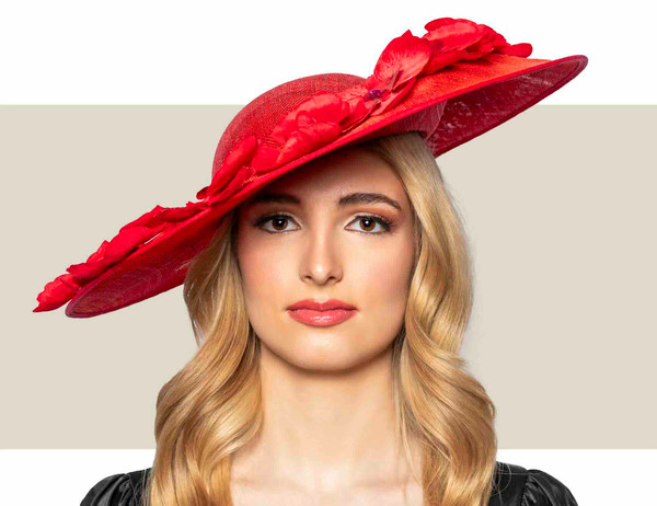 Red wide brim hat with orchid trim by Rebecca Couture